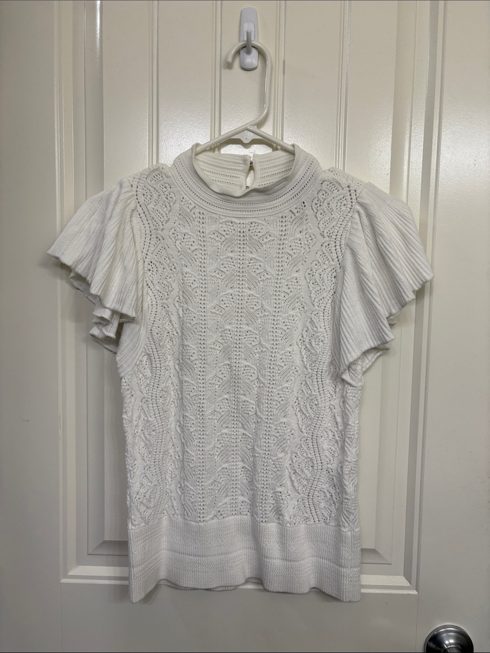 White House Black Market White Cable Knit Ruffle Sleeve Sweater Top